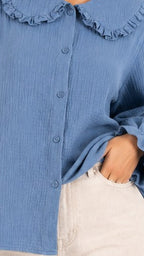 The Teal Blue Ruffle Collar Blouse