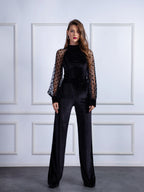 Velvet Jumpsuit with Tulle Sleeve