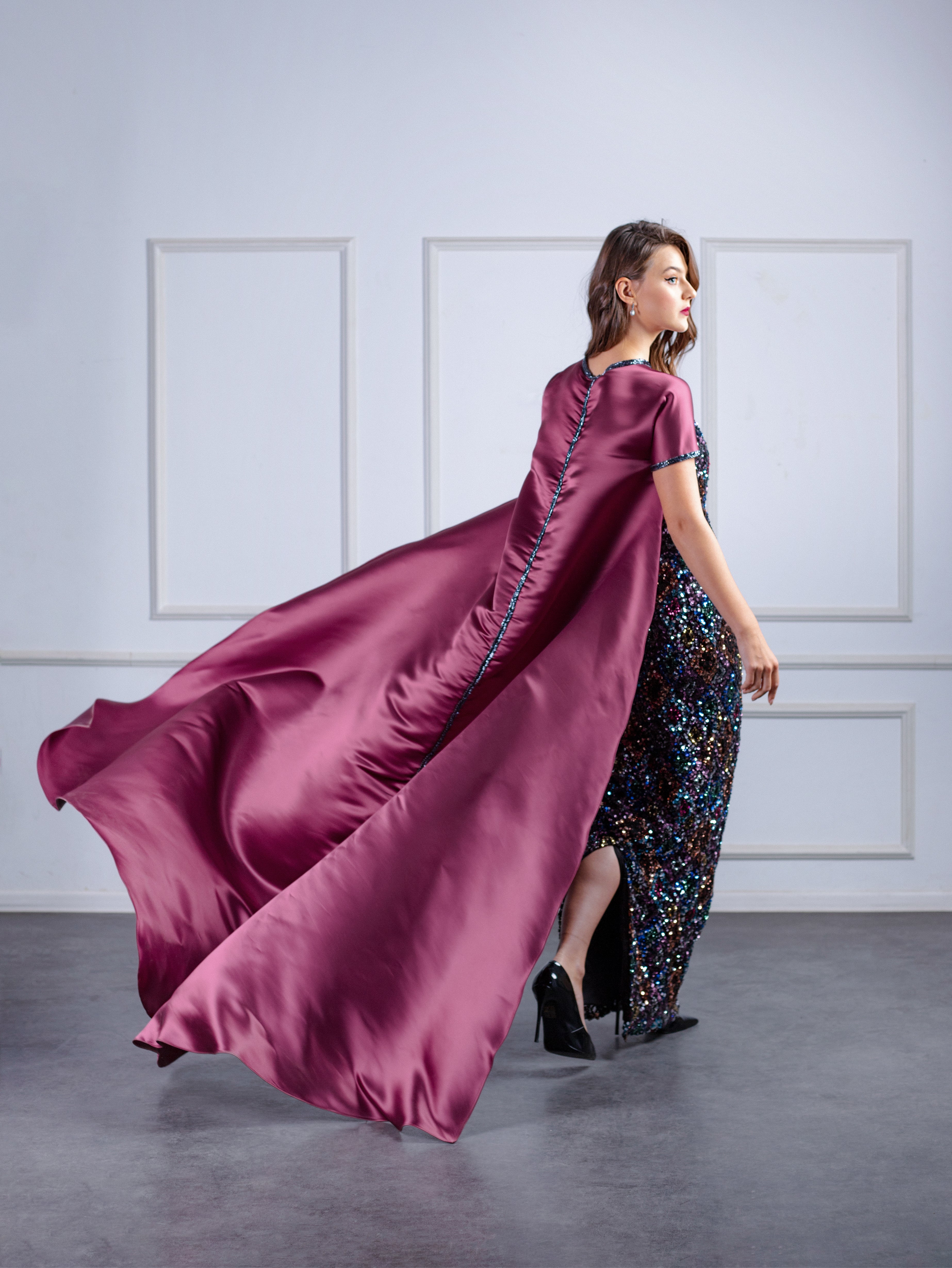 Sequined Pencil Dress With Cape Bolero