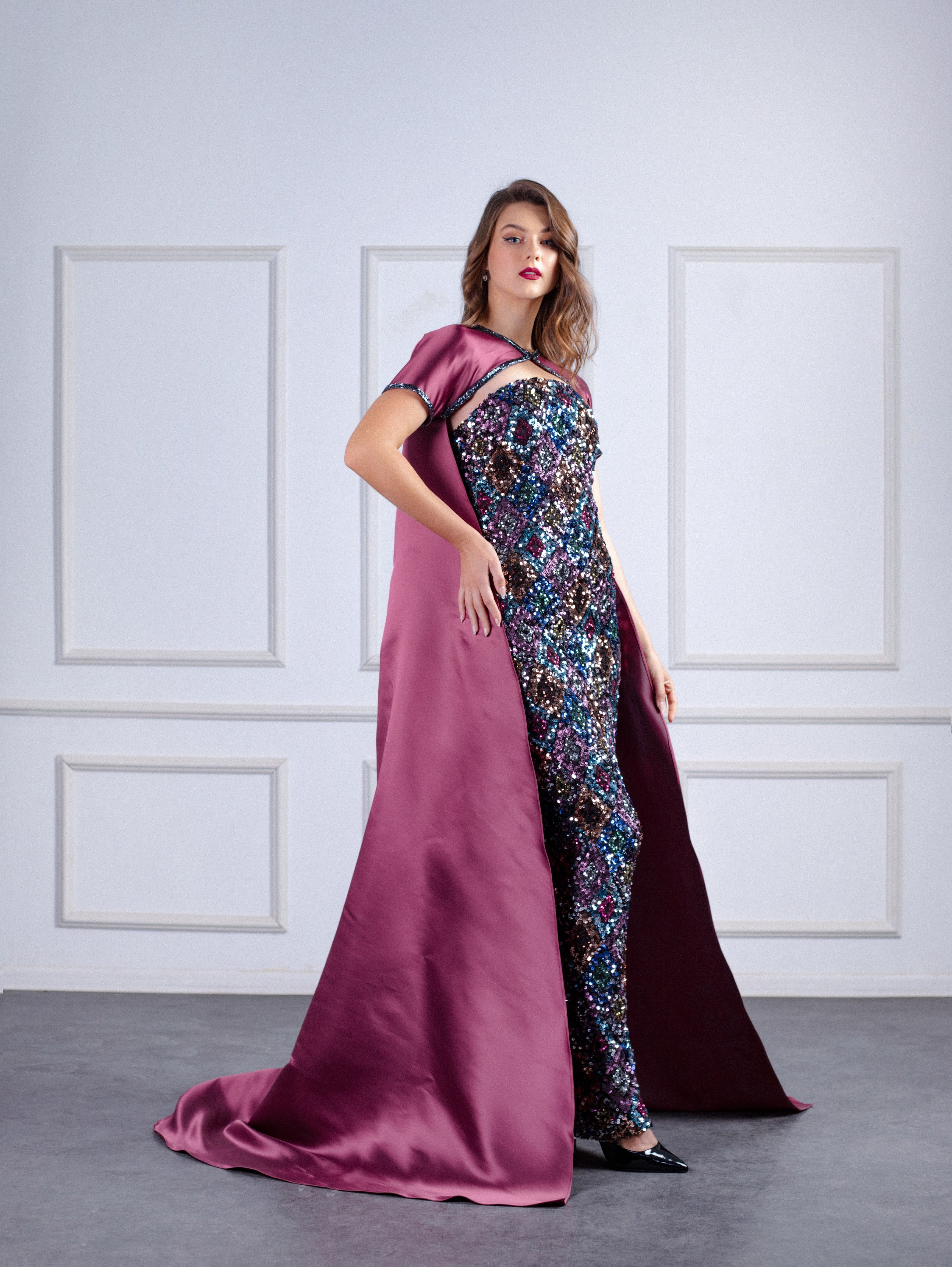 Sequined Pencil Dress With Cape Bolero