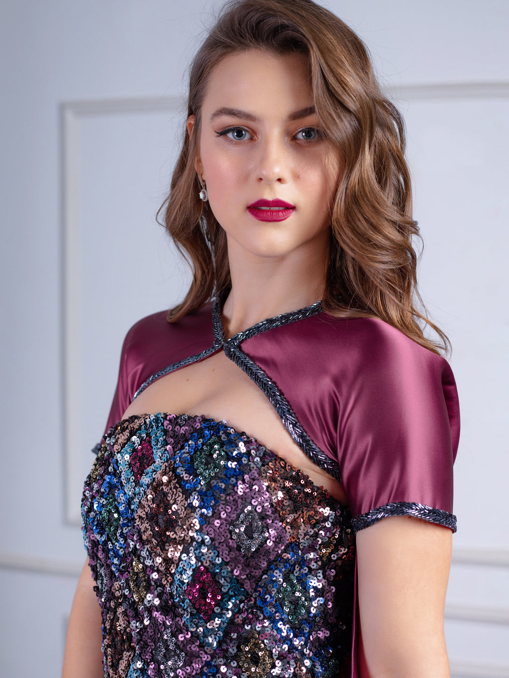 Sequined Pencil Dress With Cape Bolero