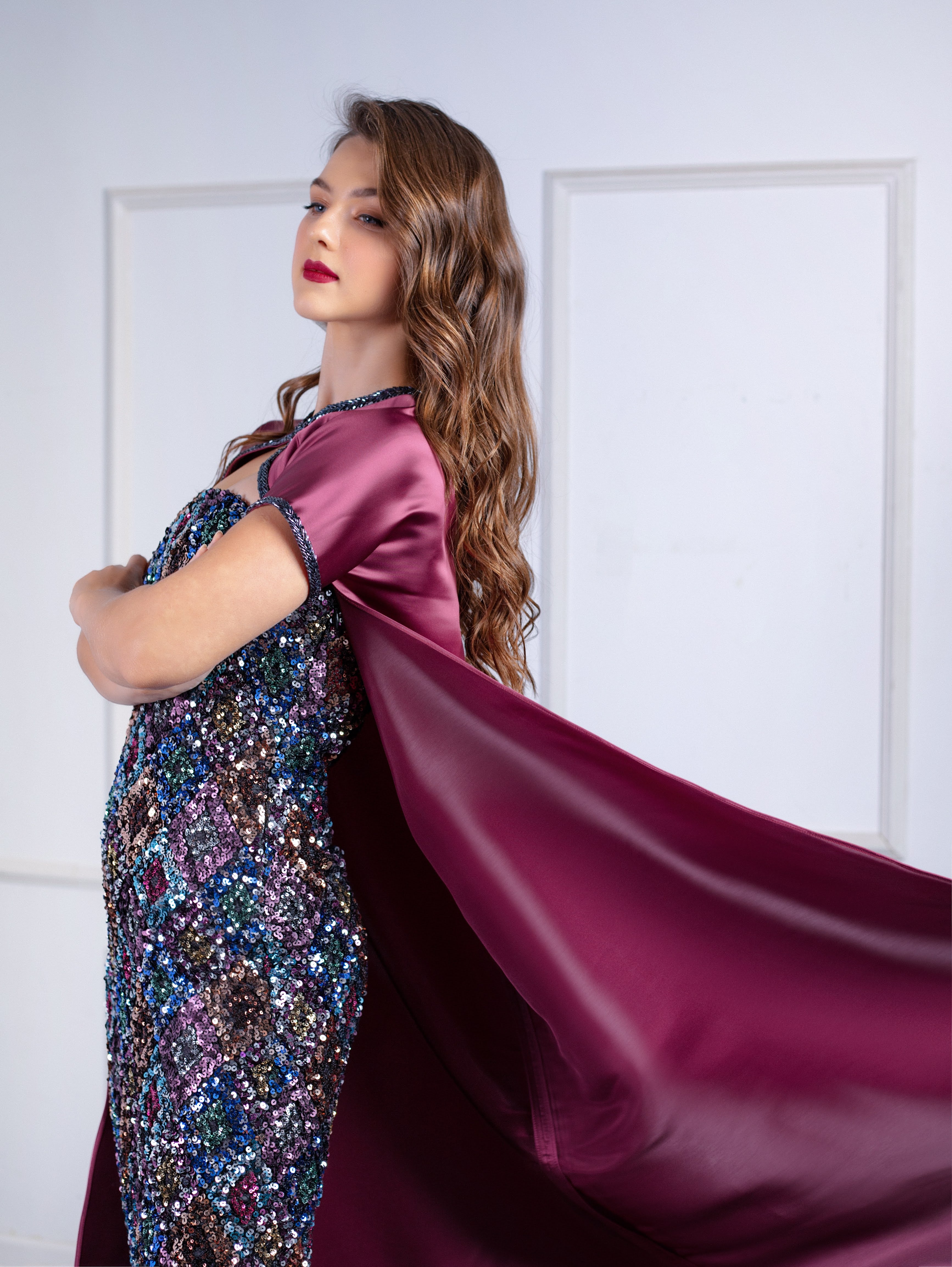 Sequined Pencil Dress With Cape Bolero