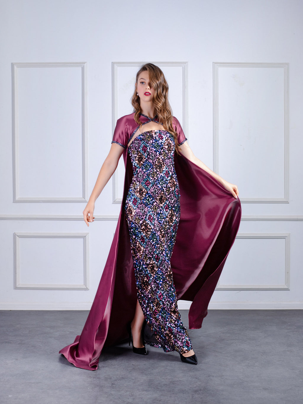 Sequined Pencil Dress With Cape Bolero