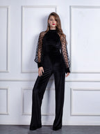 Velvet Jumpsuit with Tulle Sleeve