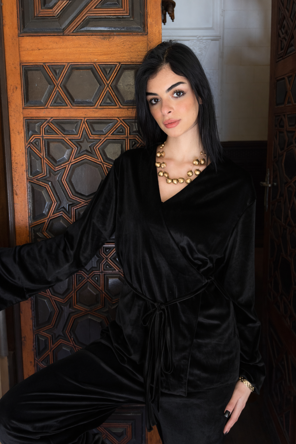 Black Side Tie Kimono Set