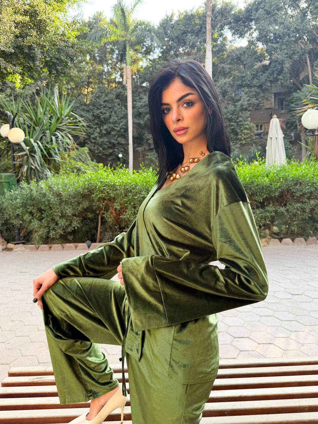 Olive Green Side Tie Kimono Set