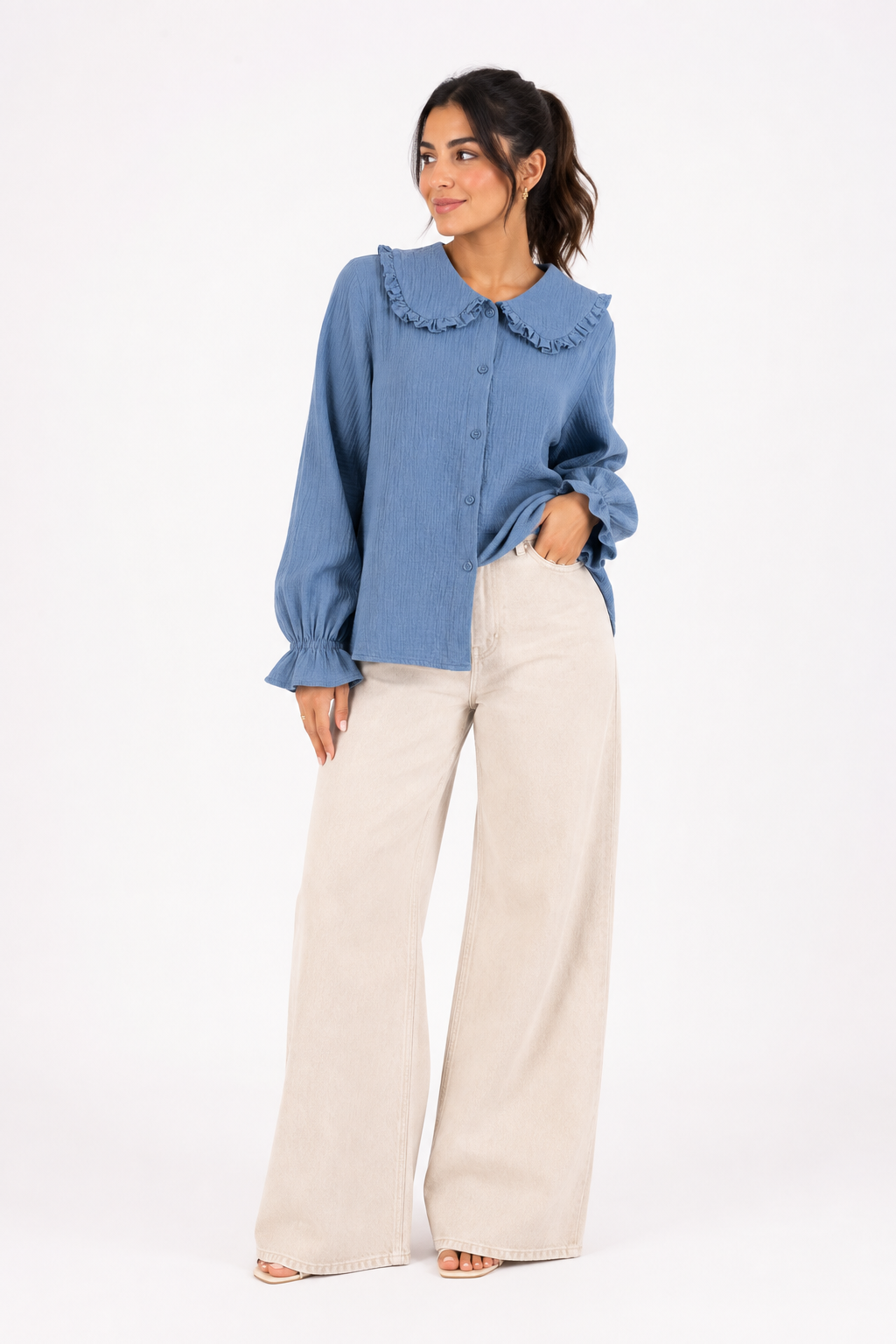 The Teal Blue Ruffle Collar Blouse
