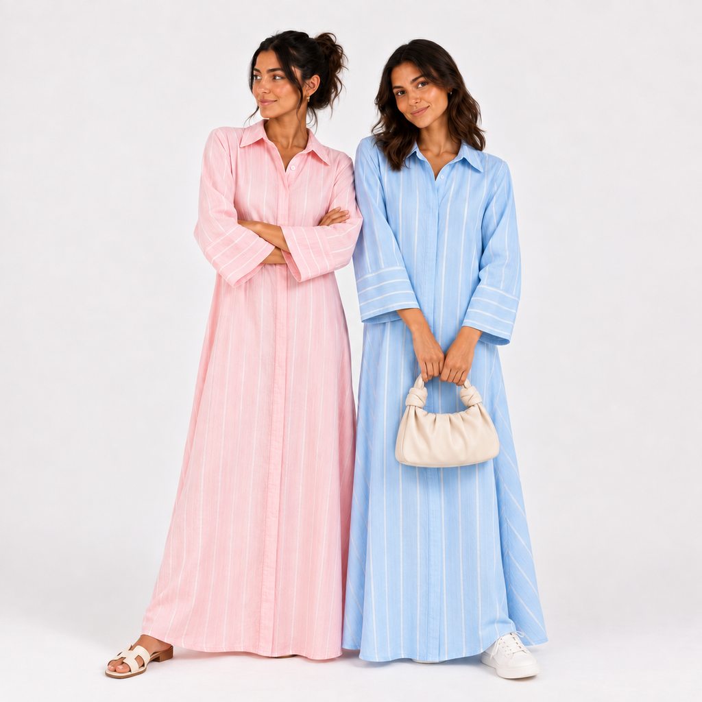 Sky Blue Striped Shirt-Style Dress