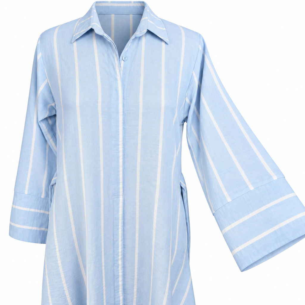 Sky Blue Striped Shirt-Style Dress